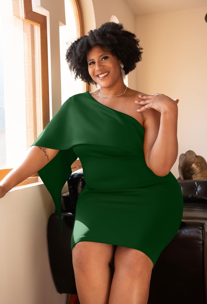 GOBLES Women's Summer Sexy One Shoulder Ruffle Bodycon Midi Cocktail Dress Green - Image 5